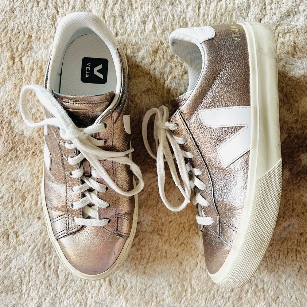 Veja Campo Bicolor Metallic Low Top Leather Sneakers In Bronze Size 8